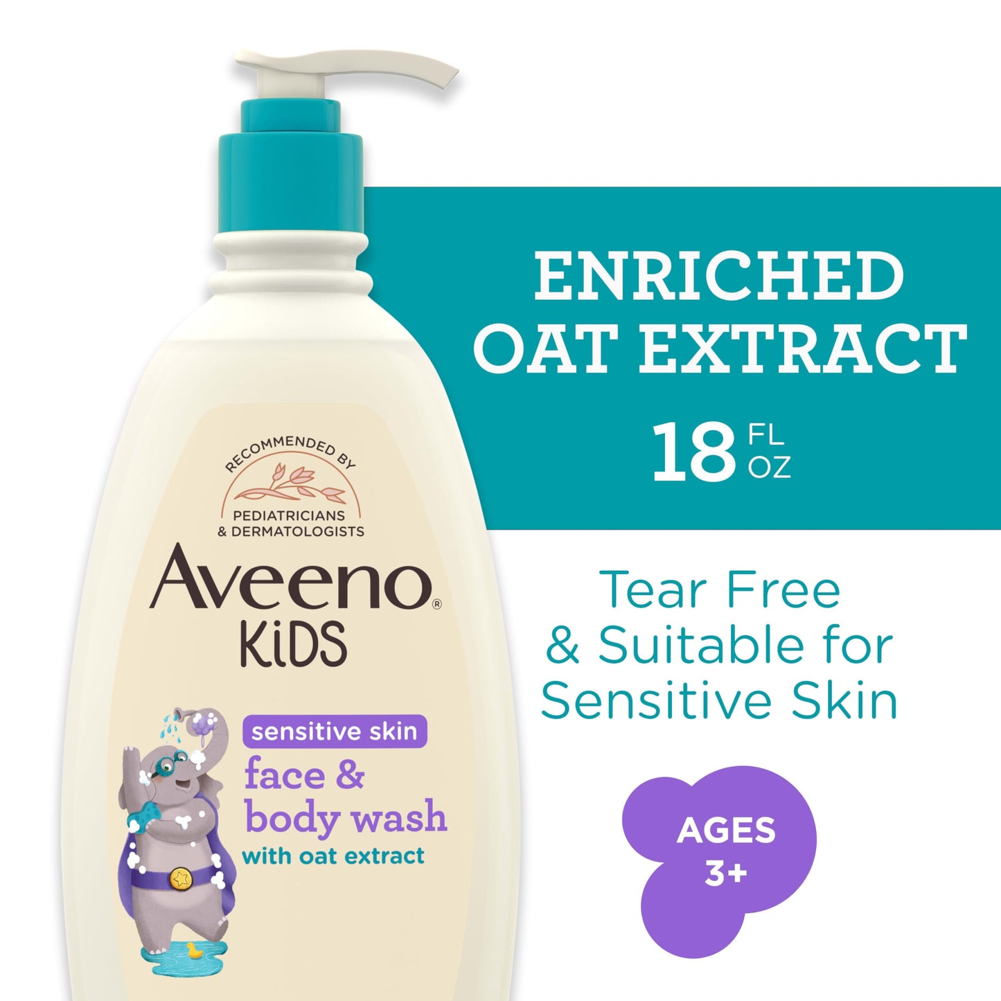 Aveeno Kids Sensitive Skin Face and Body Wash with Oat Extract, Gently Washes Away Dirt and Germs Without Drying, Tear-Free, Hypoallergenic Kids Body Wash, 18 fl. oz, 2 Pack
