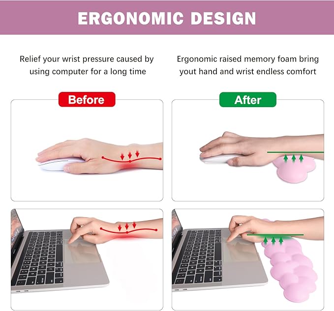 Cloud Keyboard Wrist Rest Pad Set, Enlarge PU Leather Memory Foam Cushion Support, Easy Typing Pain Relief, Mouse Rest Pad, Non-Slip Support for Home, Office, Pink