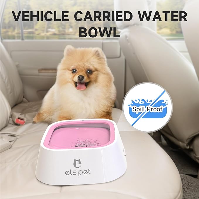 ELS PET Travel Bowl, No Spill, No Drip Slow Water Feeder/Dispenser for Dogs, Cats, 35oz/1L (Pink)