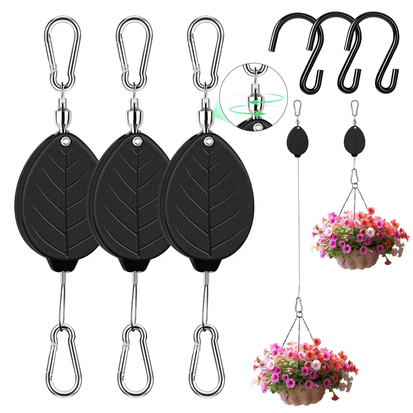 ZUZUAN 2026Upgraded 3Pcs Heavy Duty Retractable Plant Hanger, 44lbs Load, Auto Lock, Adjustable Hook for Hanging Plants, Bird Feeders, Wind Chimes, Garden Pots,Rust-Proof Stainless Steel,Black