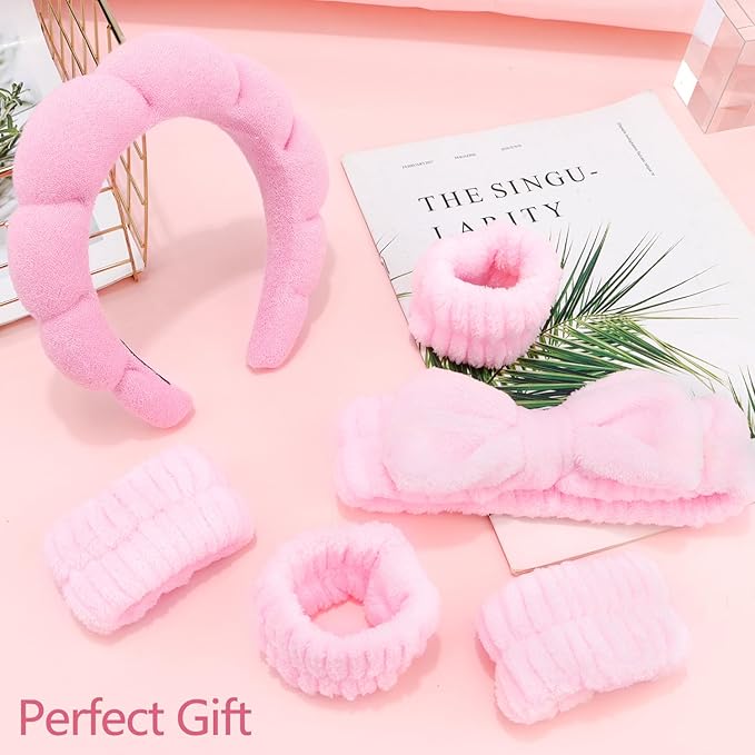 Chanaco Spa Wristband and Pink Puffy Sponge Makeup Headband Set for Face Washing, Skin Care, Teen Girl Gifts