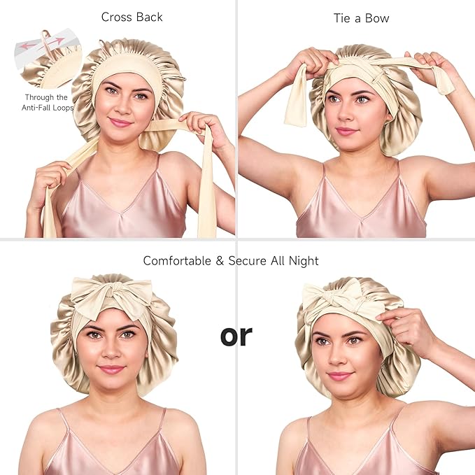 YFONG 100% 22 Momme Mulberry Silk Bonnet for Sleeping Women, Larger Double Layer Silk Hair Wrap for Curly Short Long Hair, Non-Slip Sleep Cap Turban with Elastic Tie Band for Hair Care, Champagne