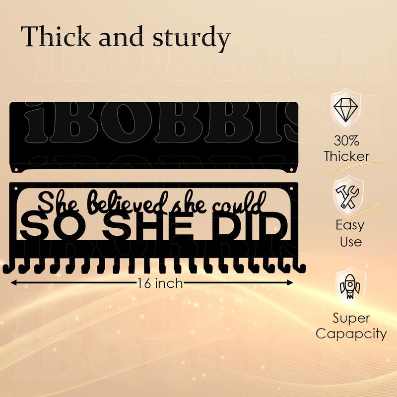 iBobbish Premium Trophy Shelf with Non-Slip Protect,She Believed She Could SO SHE DID Medal Holder For Girls,Medal Hanger Display Wall 16inchL,sports medal display Upgraded 20 Hooks Premium Black