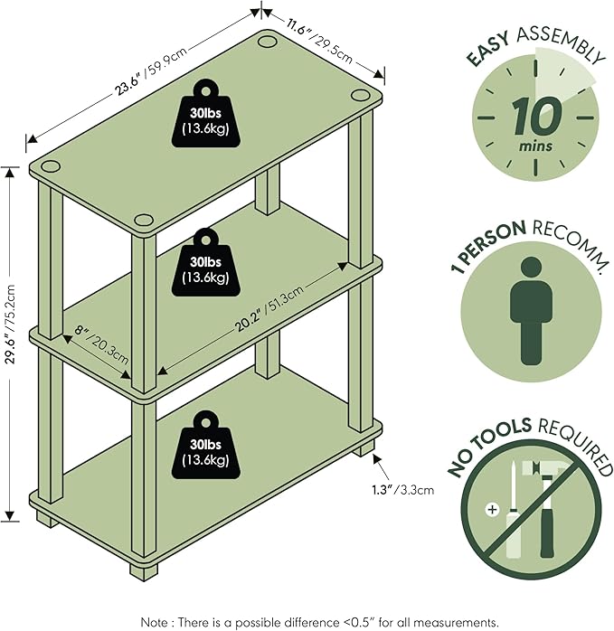 Furinno TURN-S-TUBE Storage Shelves, 3-Tier Book Shelf, Corner Shelf, Toolless Open Shelves, for Organization and Storage, Living Room, Garage, Home Office, Sonoma Oak