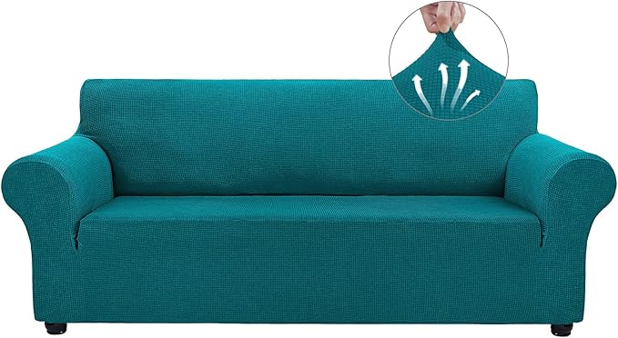 Asnomy Couch Covers for 3 Cushion Couch Stretch Sofa Covers Slipcovers, Pet Protector Furniture Covers for Dogs Cats Spandex Jacquard Fabric Small Checks （Large，Peacock Blue）