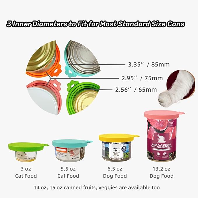 MoPawKT- Silicone Cat/Dog Food Can Covers Lids, Universal 3 Sizes Fit for 3oz, 5.5oz, 6.5oz, 13oz, 13.2oz Pet Food Cans, BPA Free, Reusable (set of 4 lids+1 scoop)