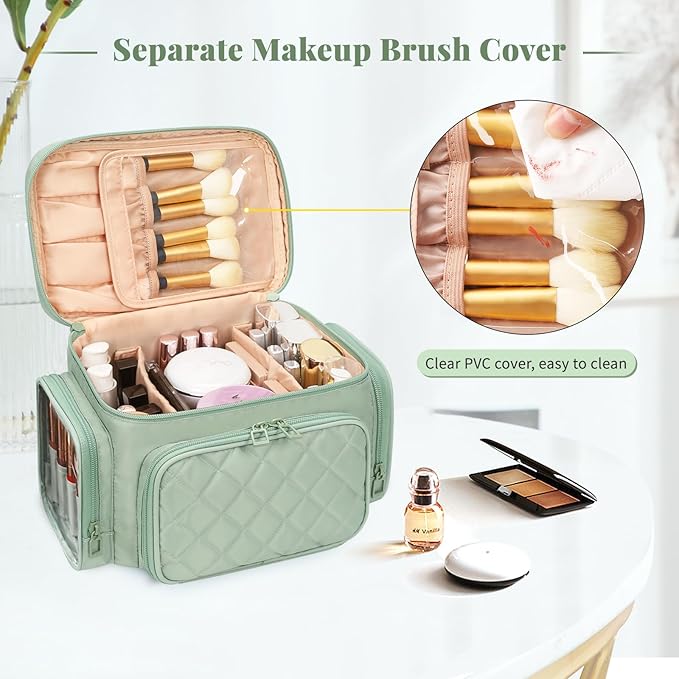 Bagmoly Large Makeup Bag, Portable Travel Makeup Bag Organizer for Women Girls with Makeup Brush Compartment & Two Side Pockets, Cosmetic Travel Bag Vertical Storage Toiletry - Green