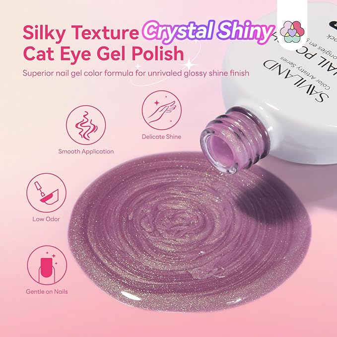 SAVILAND Color Artistry Cat Eye Gel Nail Polish: 6 Colors Crystal Shiny Magnetic Gel Nail Aurora Pink Blue Purple Shimmer Cateye Nail Polish Set Ma