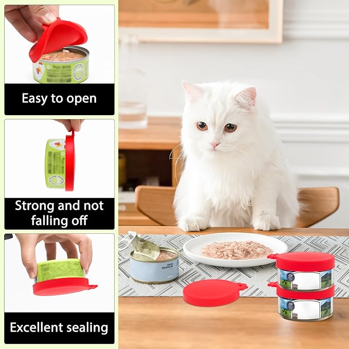 PINE & LINEN 4 Pcs 2.5inch Durable Pet Can Lids, Silicone Small Pet Can Covers Waterproof Cat Food Cans Lids for 3 oz Cat Food Cans（Red）