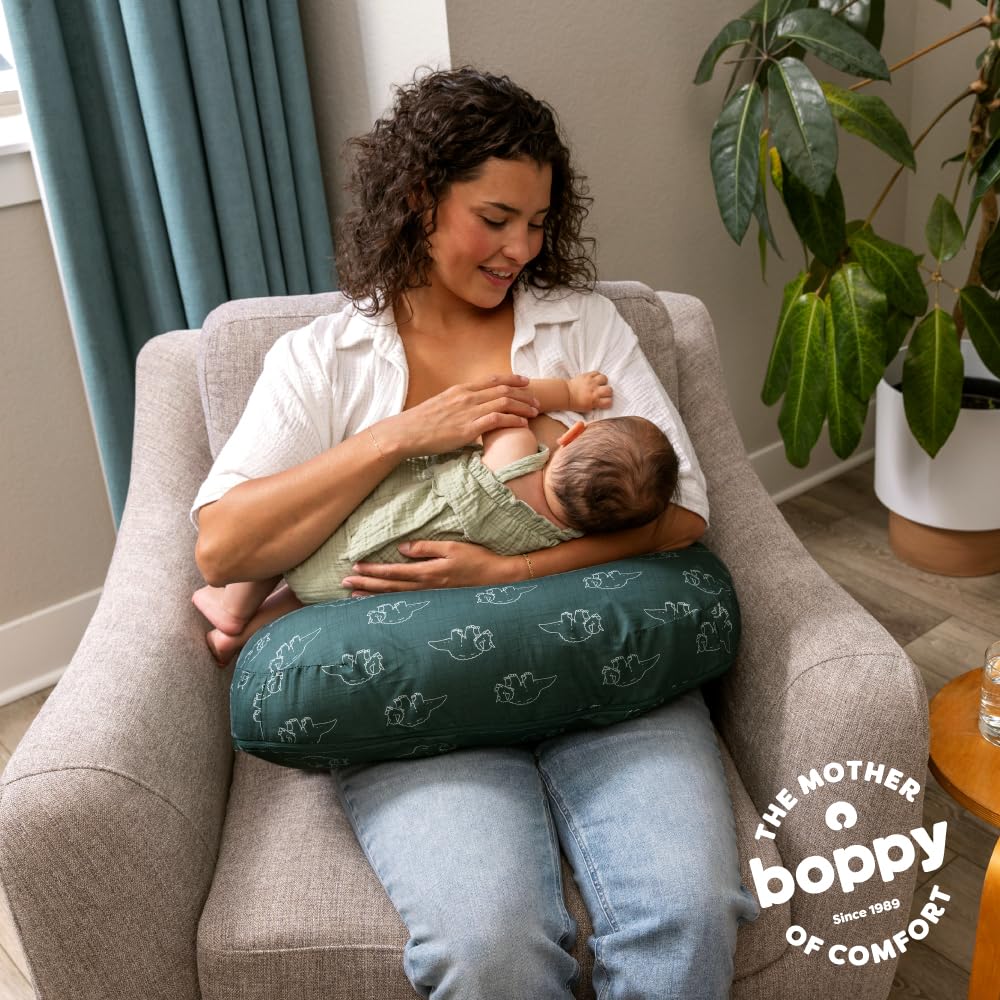 Boppy Nursing Pillow - Firm, Ergonomic U-Shaped Bottle and Breastfeeding Pillow with High Lift for Comfort and Support, Spacious Surface - Forest Green Dinos