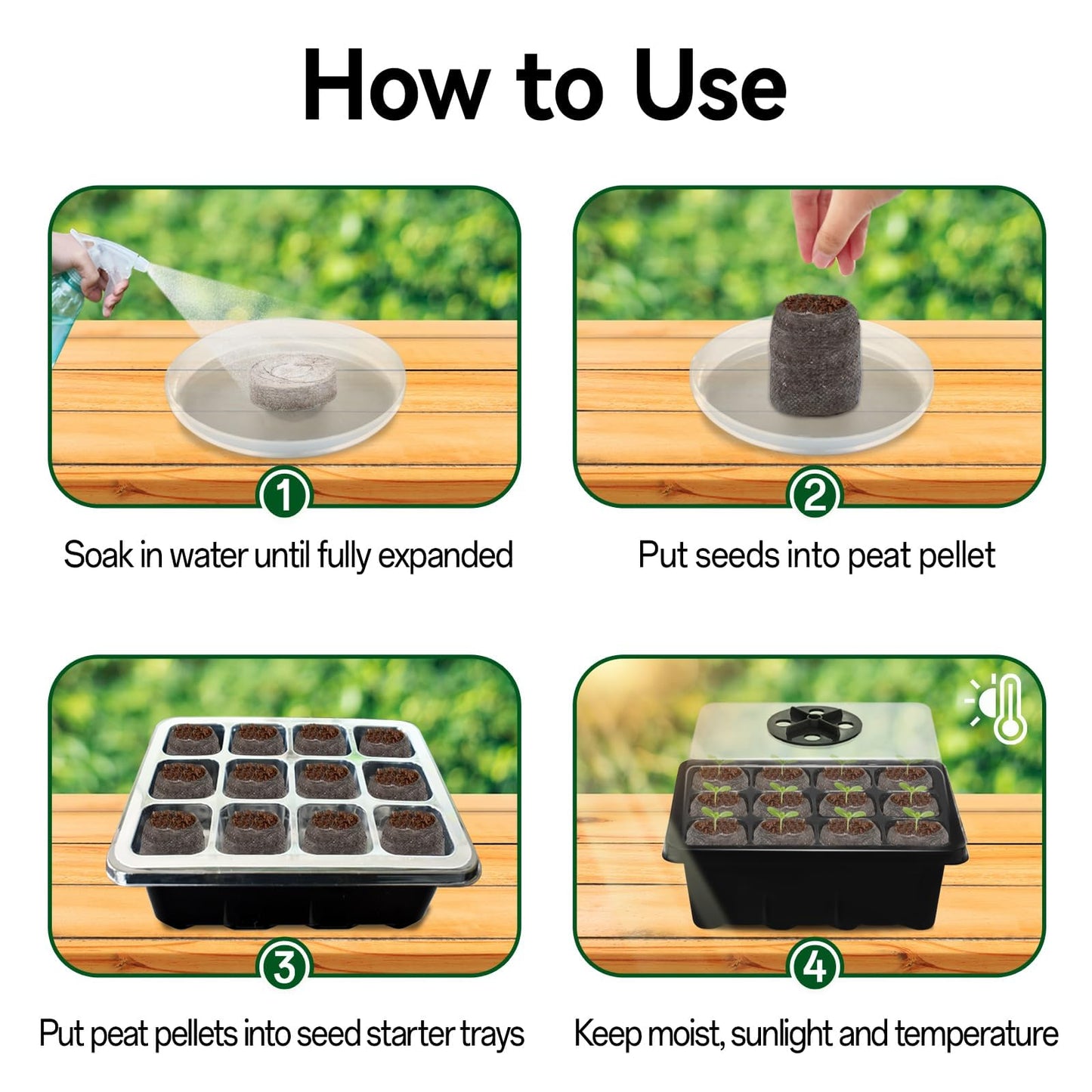 Halatool 4 Pack Seed Starter Tray with 50 PCS Peat Pellets, 48 Cells Black Seeding Starter Trays for Organic Seed Starter Soil Pods for Planting Vegetables Plants Flowers - Starting Seeds Kit