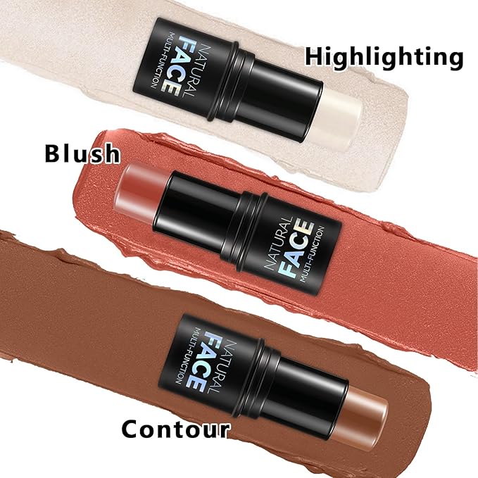 3Pcs Cream Contour Stick Makeup Kit, Shades with Highlighter, Blush and Bronzer Contour Stick for Sculpt the Cheeks, Long Lasting, Waterproof, Matte & Dewy Finish (FAIR(7+9+11))