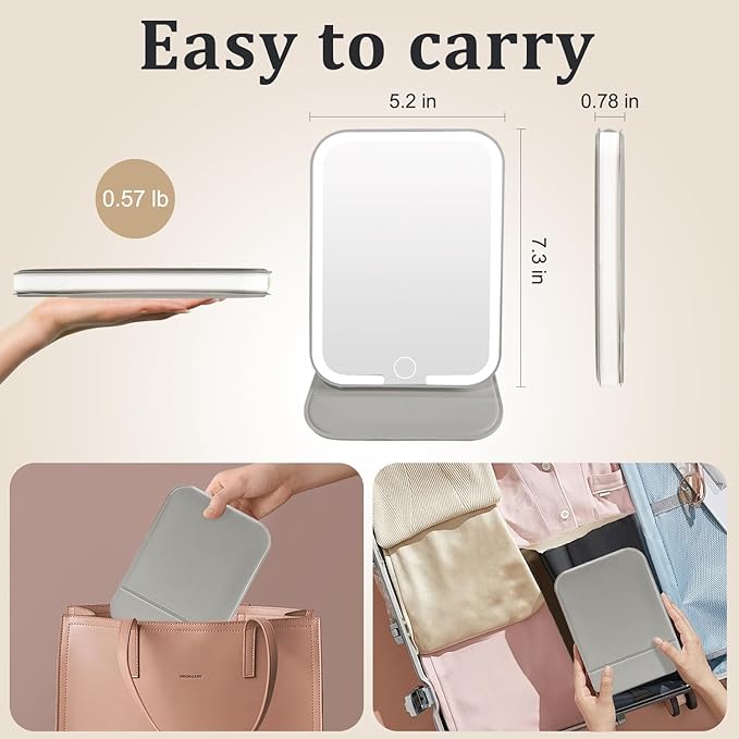 Rechargeable Travel Mirror with Light, LED Makeup Mirror with Lights, Portable Vanity Mirror with 3 Color Lighting, Touch Dimmable Lighted Cosmetic Mirror, Travel Essentials (Gray)