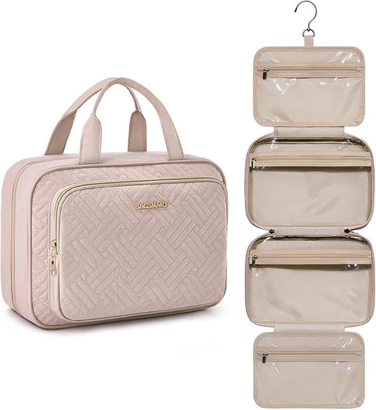 BAGSMART Travel Toiletry Bag Hanging Travel Makeup Organizer Cosmetic Bag Makeup Bag for Full Sized Toiletries, Basic-Pink
