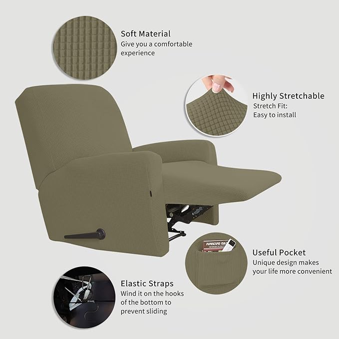 Easy-Going Recliner Stretch Sofa Slipcover Sofa Cover 4-Pieces Furniture Protector Couch Soft with Elastic Bottom Kids, Spandex Jacquard Fabric Small Checks(Recliner,Khaki)