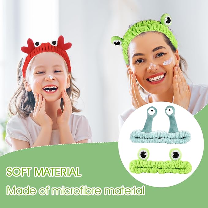 3 Pack Spa Headband Face Wash Hairband Facial Makeup Head Wraps Cartoon Elastic Head Band Cute Frog Snail Crab Shower Headband Creative Hair Accessories for Beauty Skincare Sports