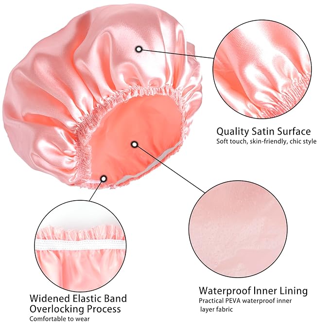 Shower Caps for Women, 4 PCS Elastic and Reusable Bath Caps, Double Layers Shower Cap Reusable Waterproof, Bathing Shower Caps, Environmental Bath Hair Protection Cap - Solid Color B