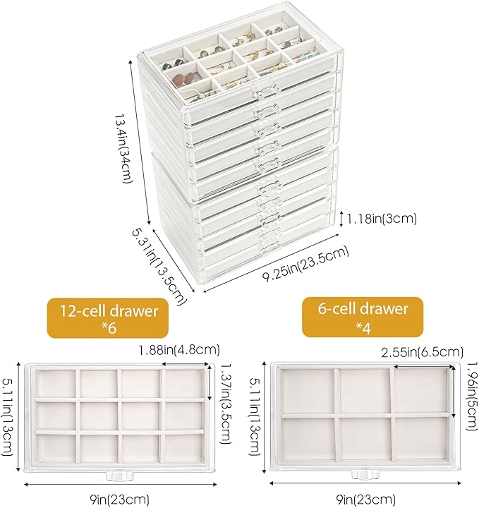 ProCase Earring Holder Organizer Jewelry Box with 10 Drawers, Acrylic Clear Earring Case with Adjustable Velvet Trays for Women - Warmwhite,10 Layers