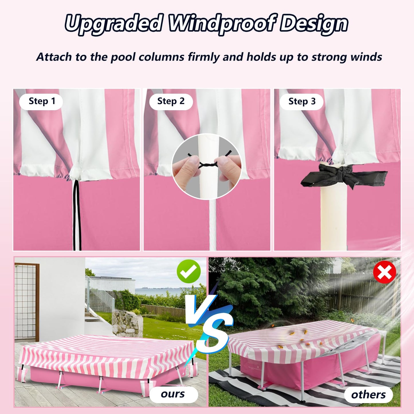 Sobana Rectangular Pool Cover,Waterproof Covers for 7' x 5' x 24" Rectangular Metal Frame Above Ground Outdoor Swimming Pool,with Tie-Down Ropes & 4 Sandbags,Increase Stability(Cover only,Pink)