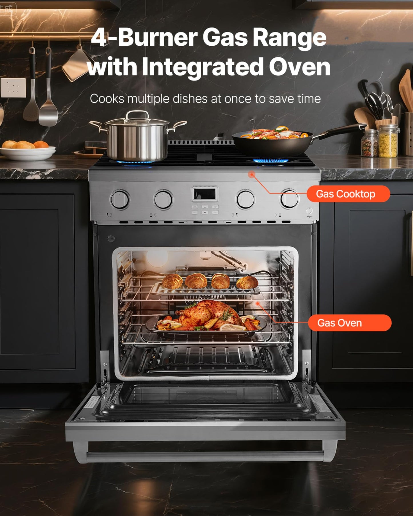 VEVOR Gas Range Oven, 30 Inches Width, Freestanding Stainless Steel Stove and Oven with 4 Sealed Cooktop Burners, Easy Reach Racks, Halogen Light, 4.8 Cu. Ft. Capacity, for Home Apartment Kitchen