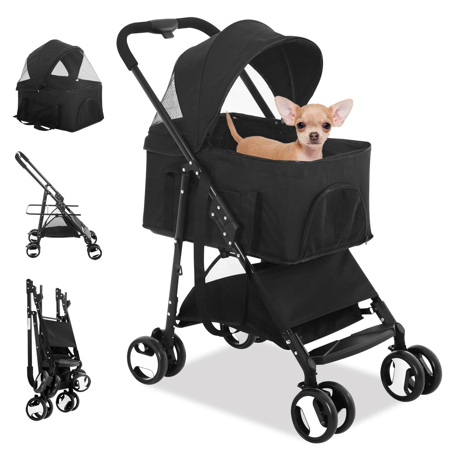 BLKMTY Dog Stroller 3-in-1 Folding Pet Stroller 4 Wheels Cat Strollers w/Storage Basket Dog Carrier Trolley One-Button Switch Travel Strollers with Safety Belt Detachable Carrier, Black