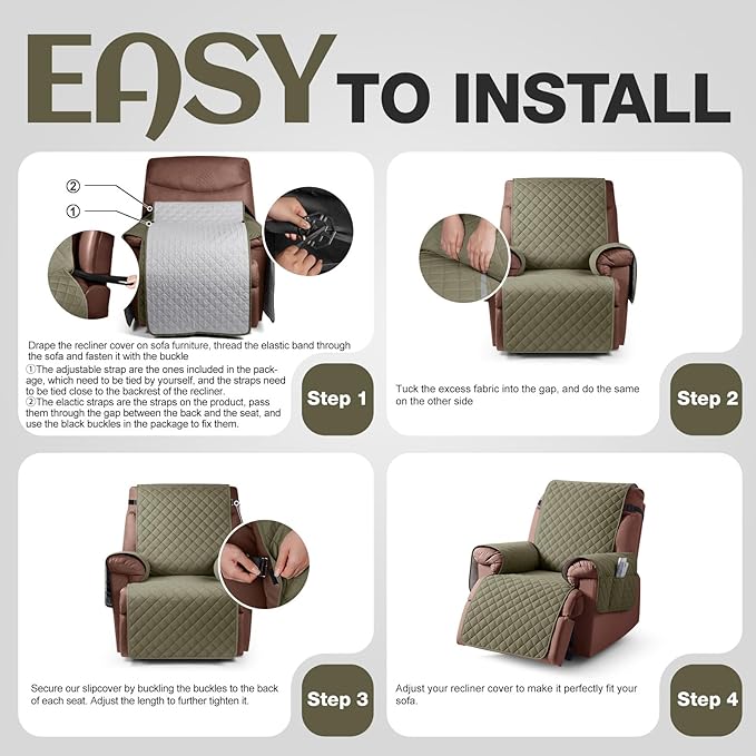KinCam 100% Waterproof Recliner Chair Cover, Reclining Couch Covers for Pets, Dogs, Recliner Couch Slipcover Furniture Protector with Elastic Straps for Kids(23.6", Gray Green)