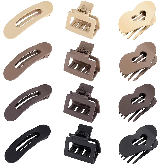 12 Pack Flat Hair Clips for Women-3 Styles Matte Neutral Flat Claw Clips, Black, Blonde,Light Brown & Dark Brown, French Duckbill Styling Accessories (Matte Neutral-3)