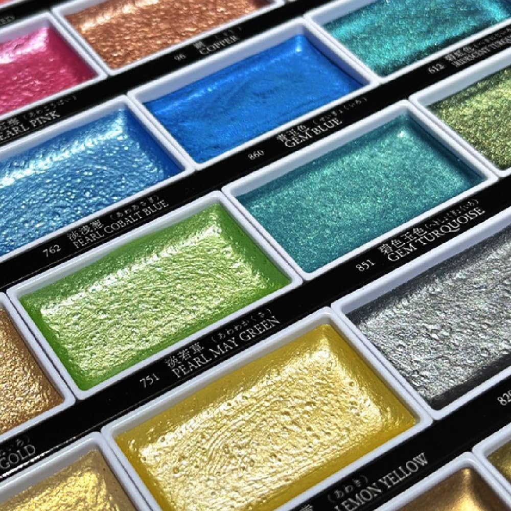 Kuretake GANSAI TAMBI Watercolor Paint Set 24 Glittery Colors II - Metallic, Professional-quality art supplies for artists adult painting aketching, Non-Toxic, Made in Japan