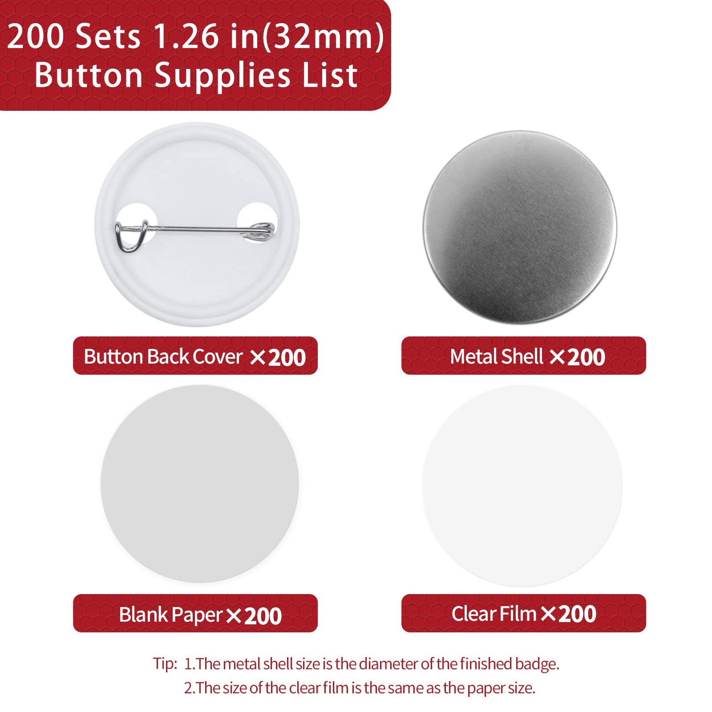 Onemorello 200 Sets Button Maker Supplies, 1.26 inch / 32mm Button Parts Buttons Supplies, Approx. 1.25 in Blank Badge Parts with Blank Paper for Buttons Maker Machine Pin Maker Press