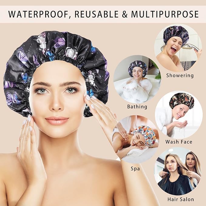 Shower Cap for Women,4 PCS Elastic and Reusable Bath Caps, Double Layers Shower Caps Reusable Waterproof, Bathing Shower Caps, Environmental Bath Hair Protection Cap - Butterfly B