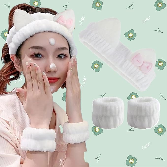 Cute Spa Headband and Wristband Set for Women Kawaii Ear White Makeup Headband for Washing Face (3PCS, White)