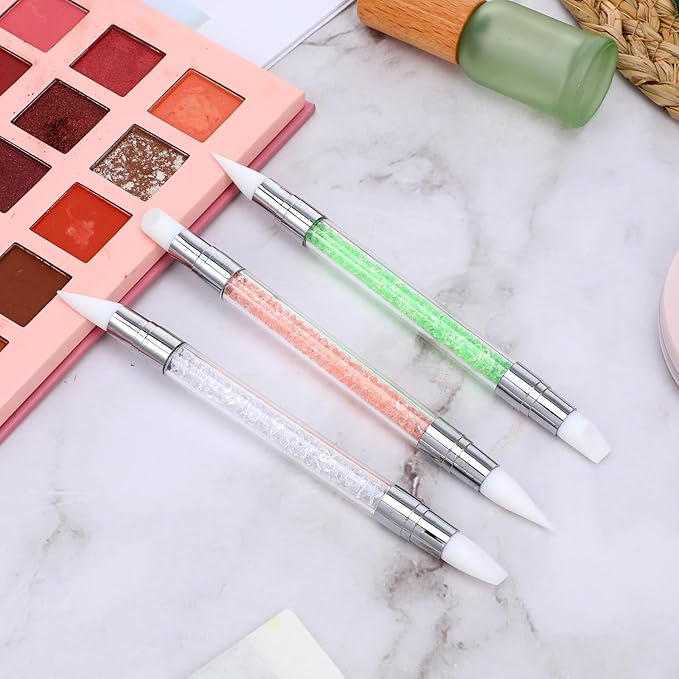 3 Pcs Nail Art Sculpture Pen, Dual Tipped Silicone Nail Tools, Acrylic Nail Art Brushes, Rhinestone Nail Polish Carving Pen, Nail Art Tools for Home Salon (White, Green, Orange)