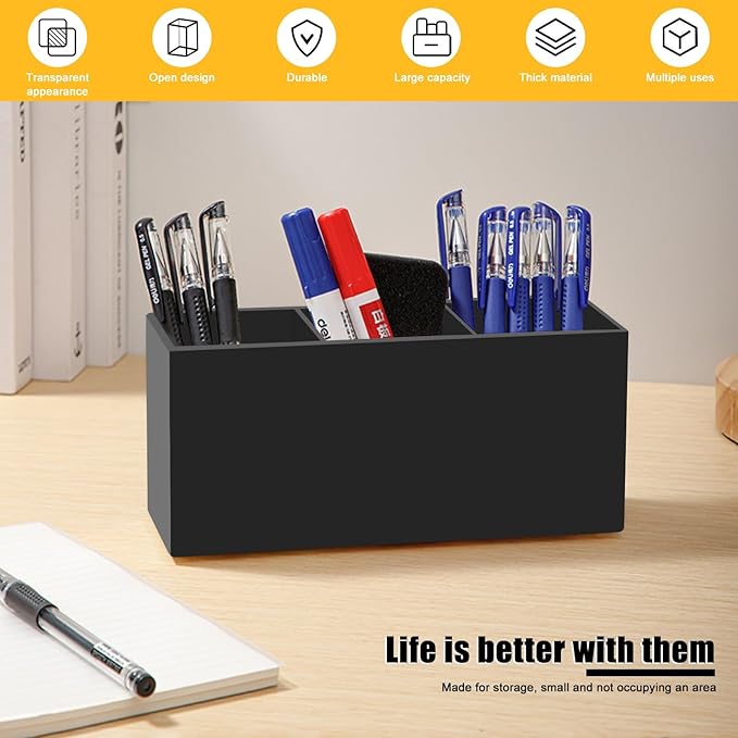 Black Makeup Brush Organizer,Acrylic Cosmetic Brushes Storage Holder with 3 Slots,Pencil Pen Holder for Desk,Desk Organizer and Accessories for Vanity