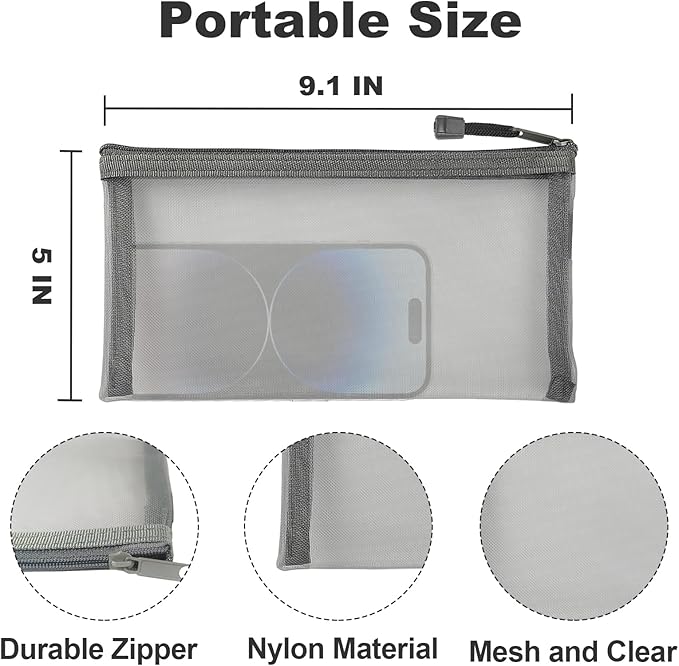 Mesh Bags with Zipper (6 Packs), Small Nylon Makeup Bag Cosmetic Pouches Travel Organizer Case for Purse Diaper Bag Home Organizing Gray