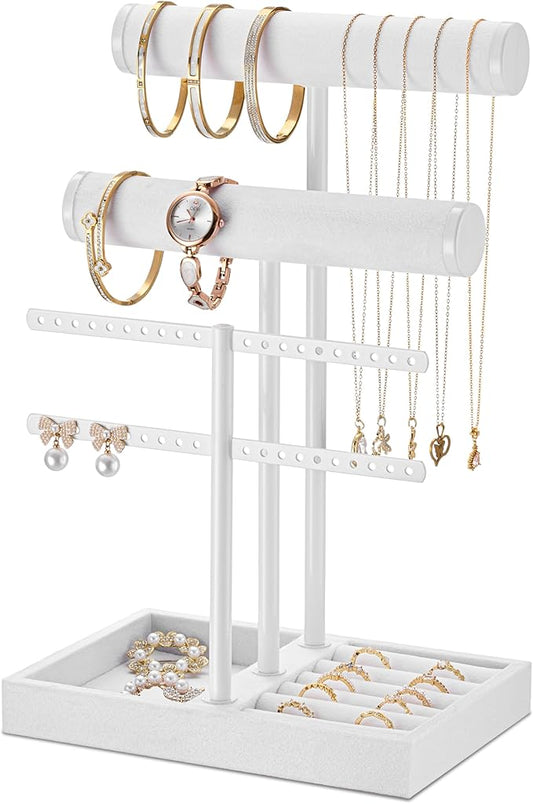 3 Tier Bracelet Holder Display - Detachable T Bar Pure White Velvet Bracelet Holder, Jewelry Holder Organizer for Bracelet, Necklace, Earrings, Rings