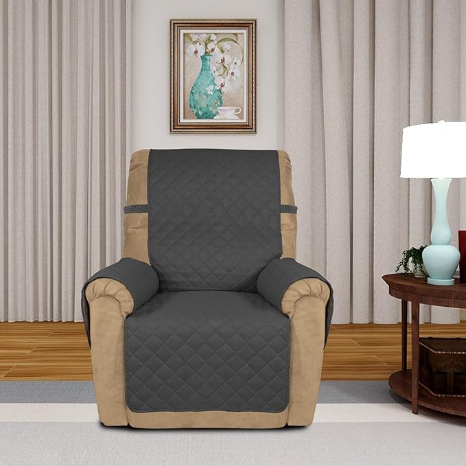 PureFit Reversible Quilted Sofa Cover, Water Resistant Slipcover Furniture Protector, Washable Couch Cover with Non Slip and Elastic Straps for Kids, Dogs, Pets (Small Recliner, Dark Gray/Beige)