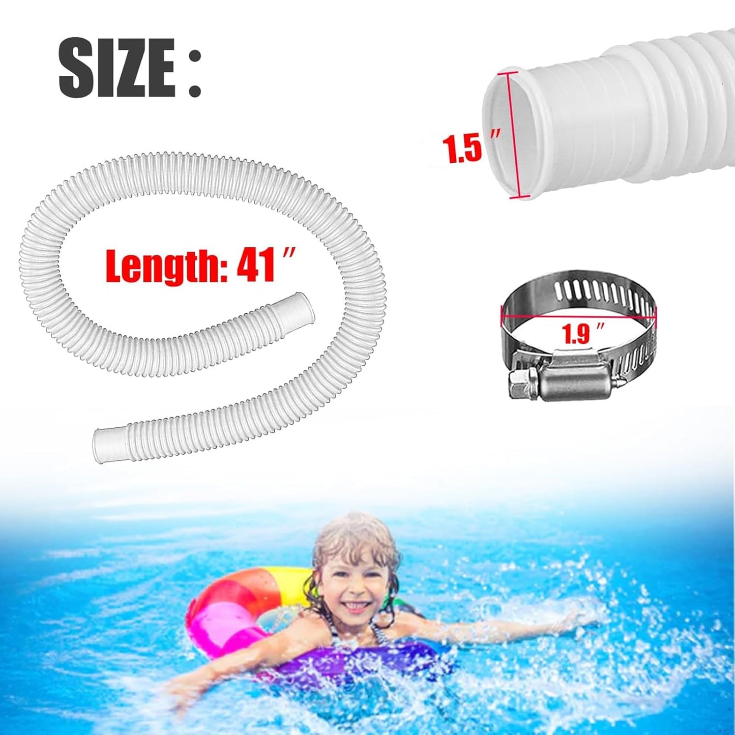 1.5” x 41” Pool Pump Replacement Hose, 2-Pack Above-Ground Pool Hoses with 4 Stainless Steel Clamps, Compatible with Intex, Coleman, Summer Waves Pool Pumps & Filters (2 PACK White)