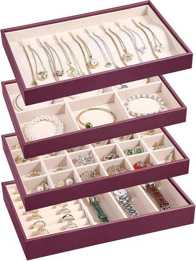 LANDICI Stackable Jewelry Organizer Trays 4 Set,PU Leather Jewelry Organizer Drawer,Jewelry Storage Display Tray for Earring Necklace Rings Bracelet with Removable Dividers,Purple