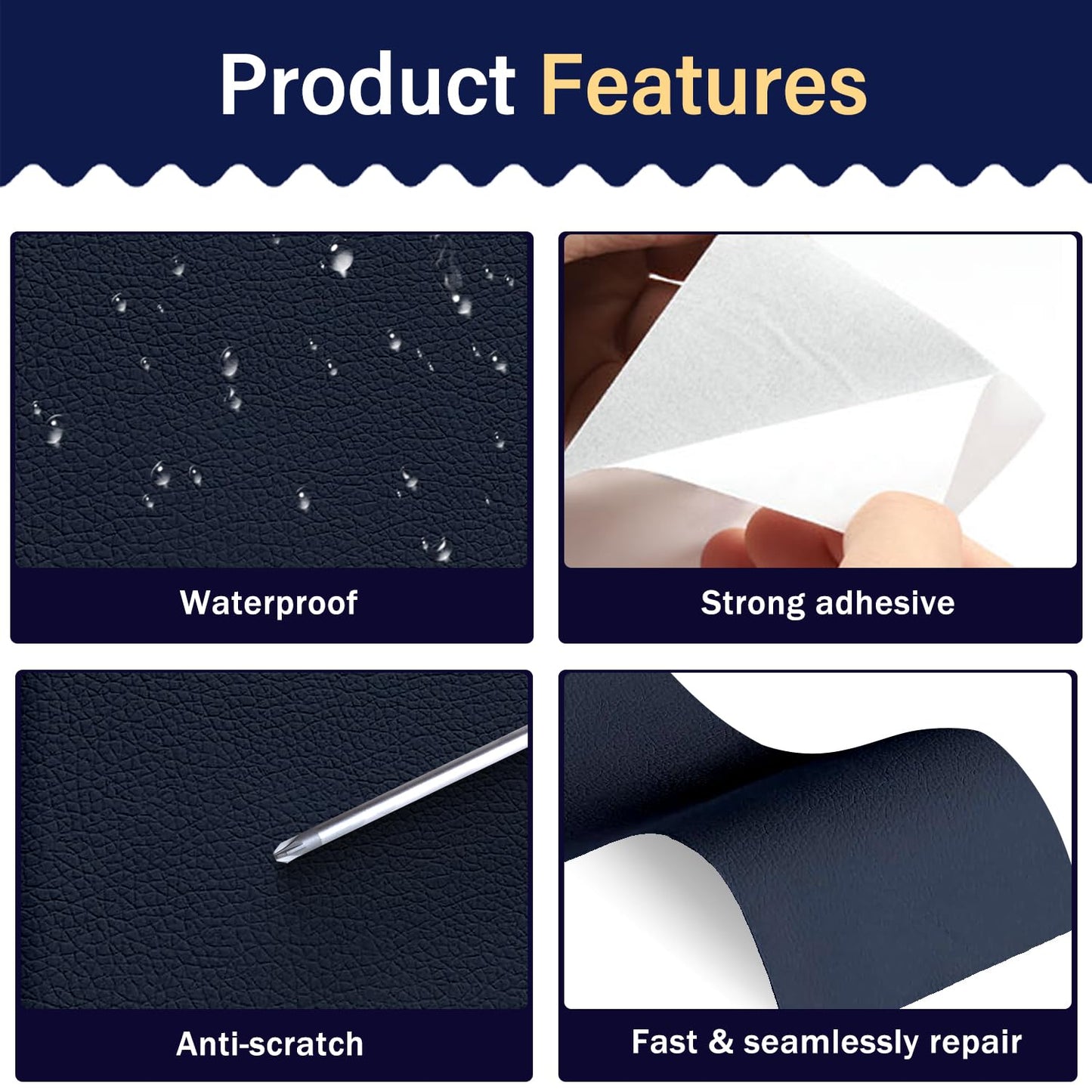 Zenyao Leather Repair Patch Tape - Self Adhesive Leather Repair Kit for Car Seat Furniture, Heavy Duty Vinyl Repair Patch for Couch Sofa, Waterproof Fix for Tears, 16x60 Inch Roll, Navy Blue