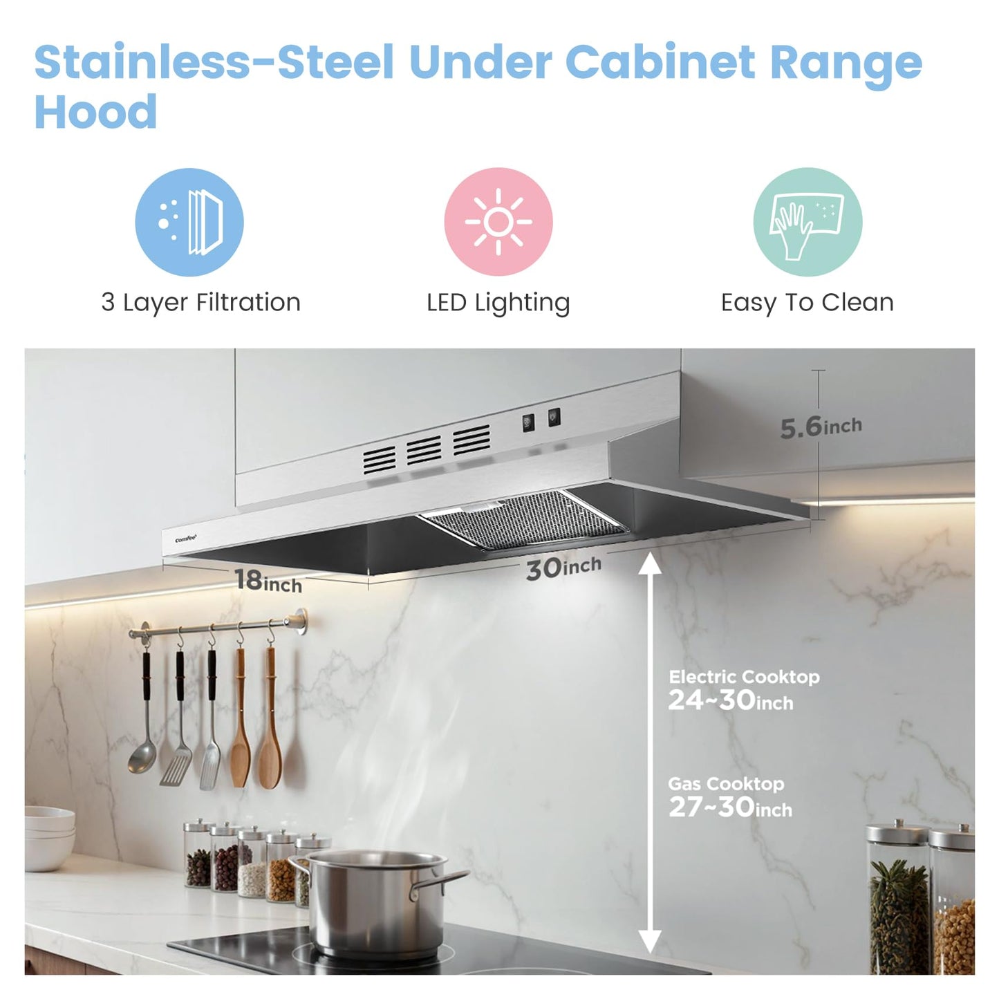 COMFEE' CVU30W2AST Range Hood 30 Inch Ducted Ductless Vent Hood Durable Stainless Steel Kitchen Hood for Under Cabinet with 2 Reusable Filter, 200 CFM, 2 Speed Exhaust Fan Silver