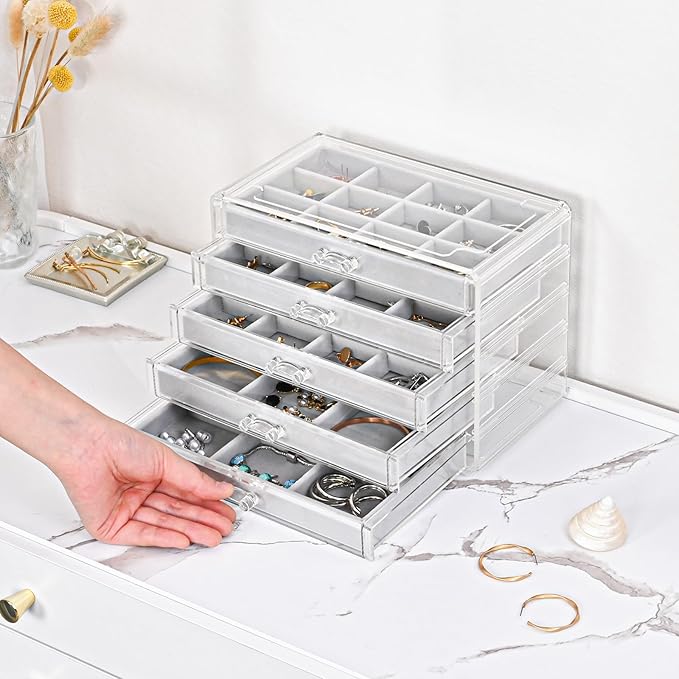 ProCase Earring Holder Organizer Jewelry Box with 5 Drawers, Acrylic Clear Earring Case with Adjustable Velvet Trays for Women - Grey, 5 Layers