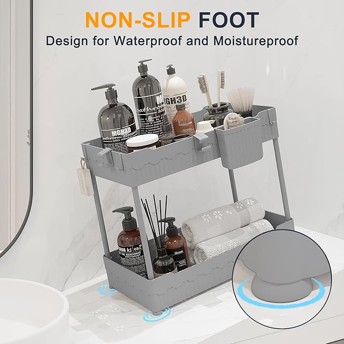 Sevenblue 2 Pack Under Sink Organizer, Under Bathroom Cabinet Organizer with Hooks Hanging Cup, Multi-Purpose Storage Shelf for Kitchen Bathroom (Gray, 14.8 Inch)