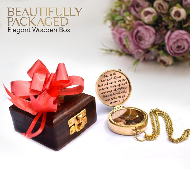 Trust in The Lord with All Your Heart -Proverbs 3: 5-6 Quote Engraved Compass with Wooden Box,Camping Compass, Gift Compass, Graduation Day Gifts 2025 Compass for Women Mens Boy Girls