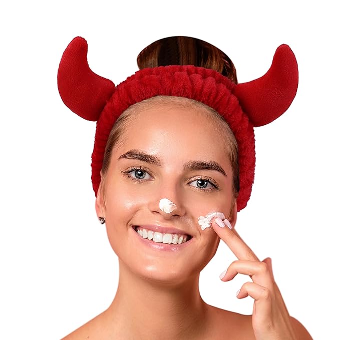 Devil Horn Facial Spa Headband - Cosmetic Makeup & Skincare Headband for Washing Face & Makeup (Red)