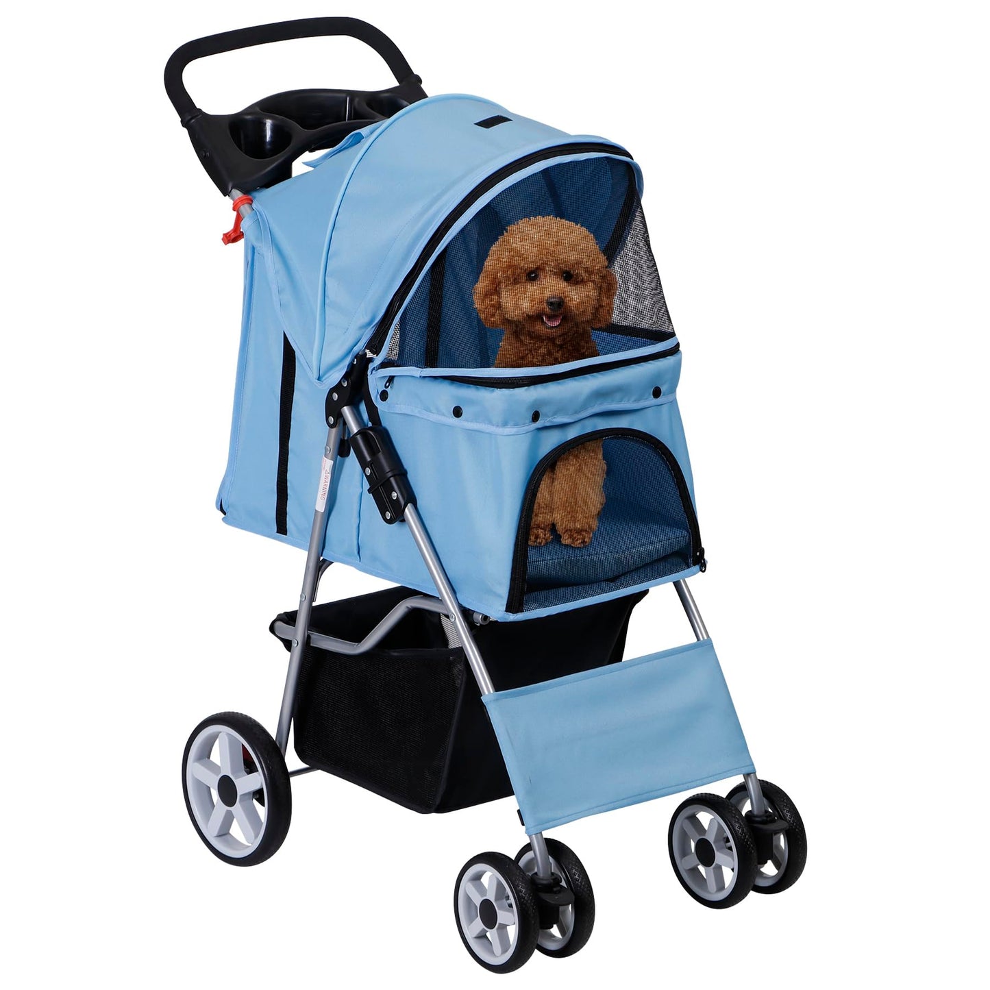 ZENY Foldable Pet Stroller, Cat/Dog Stroller with 4 Wheel, Pet Travel Carrier Strolling Cart with Storage Basket, Cup Holder (Blue)