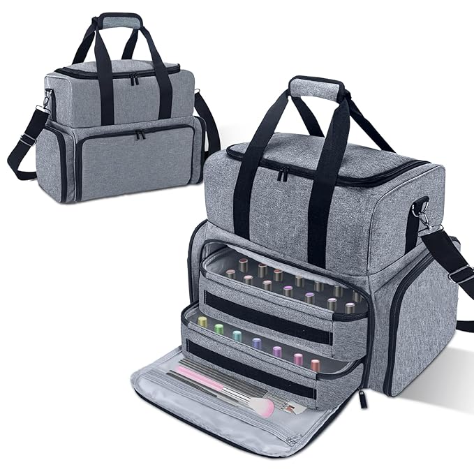 Nail Polish Organizer 3 Layers Holds 70 Bottles (15ml - 0.5 fl.oz) Portable Gel Nail Kit Organizer Case for Nail Lamp Travel Nail Supplies Bag with 2 Removable Nail Polish Holder Pouches (Gray)