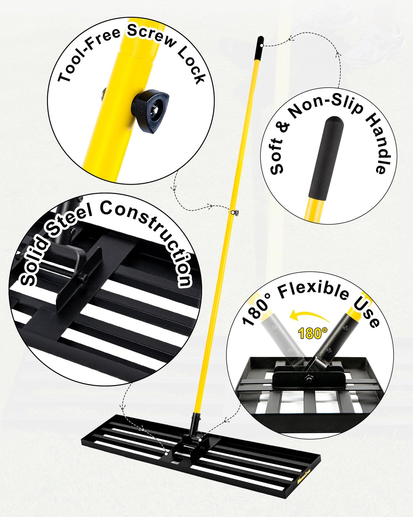 BlumeTrec Lawn Leveling Rake, 45"x10" Heavy Duty Sand Leveling Tool with 7FT Long Handle, Steel Golf Rake for Soil, Compost, Gravel, Lawn Leveler for Yard, Garden, Golf Course, Landscaping Level Tool