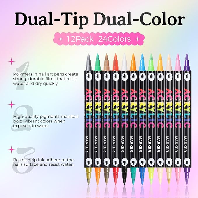 24 Colors(12Pcs-dual) Nail Art Pens Set, 3D Nail Polish Pens Quick-Drying Acrylic Paint Markers, Dotting Liner Brush for DIY Nail Design, Home & Salon Manicure Tools, MarkerPen