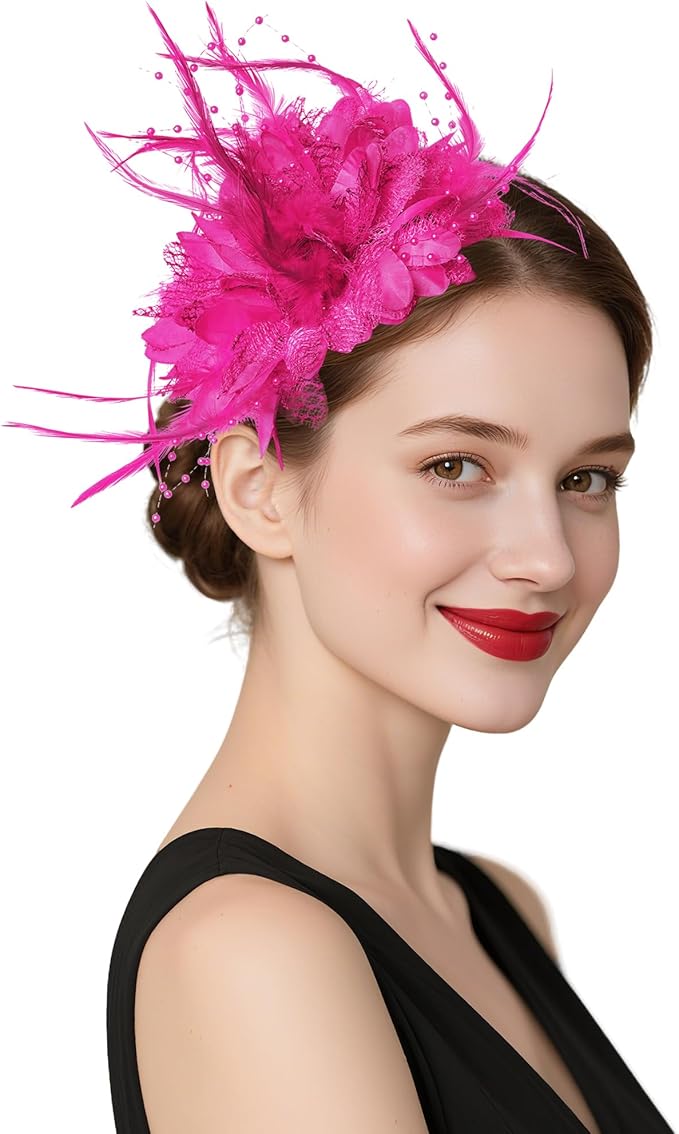 Womens Fascinators Hats Tea Party Hats for Women, Feather Pearl Veil Headband for Wedding Cocktail Dresses Accessories