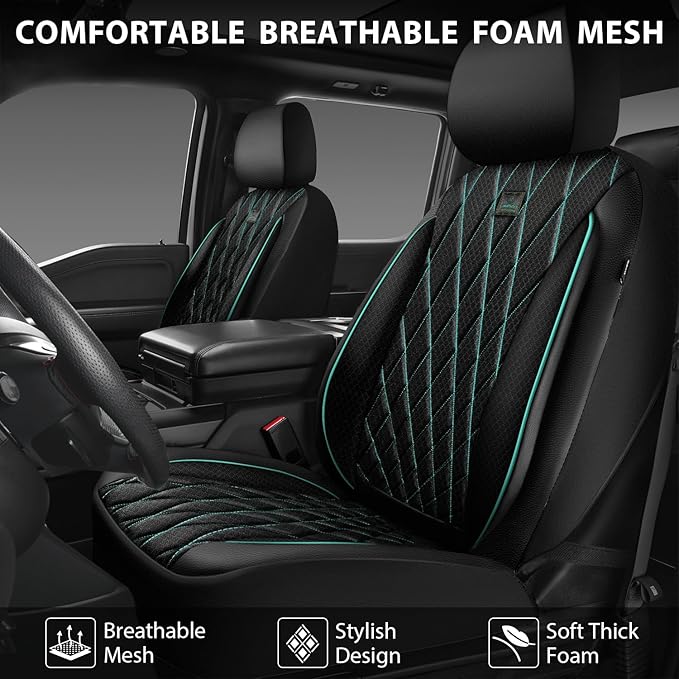 CAR PASS Thick Foam 3D Air Mesh Leather Car Seat Covers Front Seats Only, Breathable Premuim Leather Two Front Seat Cover, Airbag Compatible Universal Fit for 95% Sedan Van Truck SUV,Black and Mint